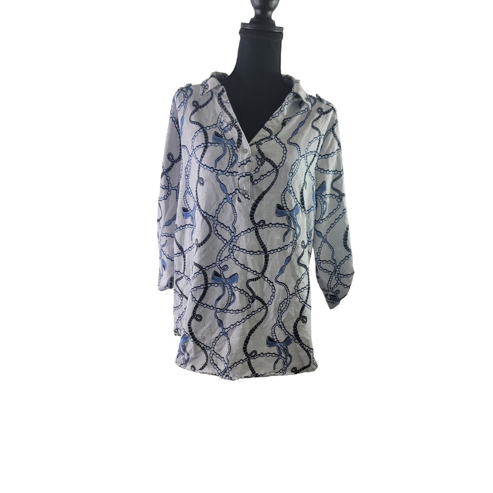 Adrienne Vittadini Womens White Blue Chain Bow Clip Dot Tunic Top Large VW340098 - Picture 1 of 7